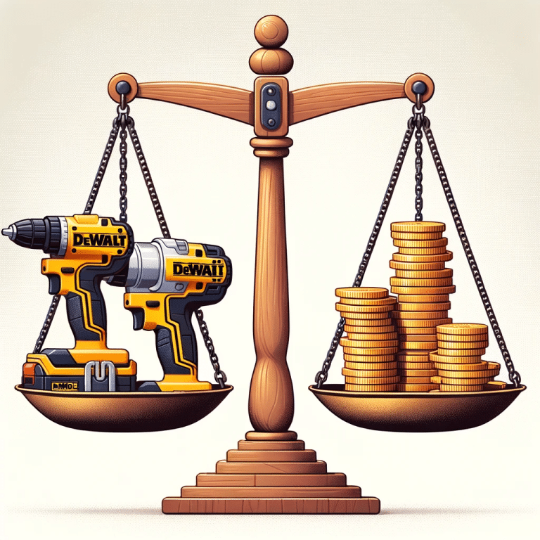 DeWALT D27300: Das Geheimnis hinter der besten Werkzeugwahl des Jahres! 13 Illustration of a balance scale with DeWALT tools on one side and stacks of coins on the other symbolizing the balance between cost and quality