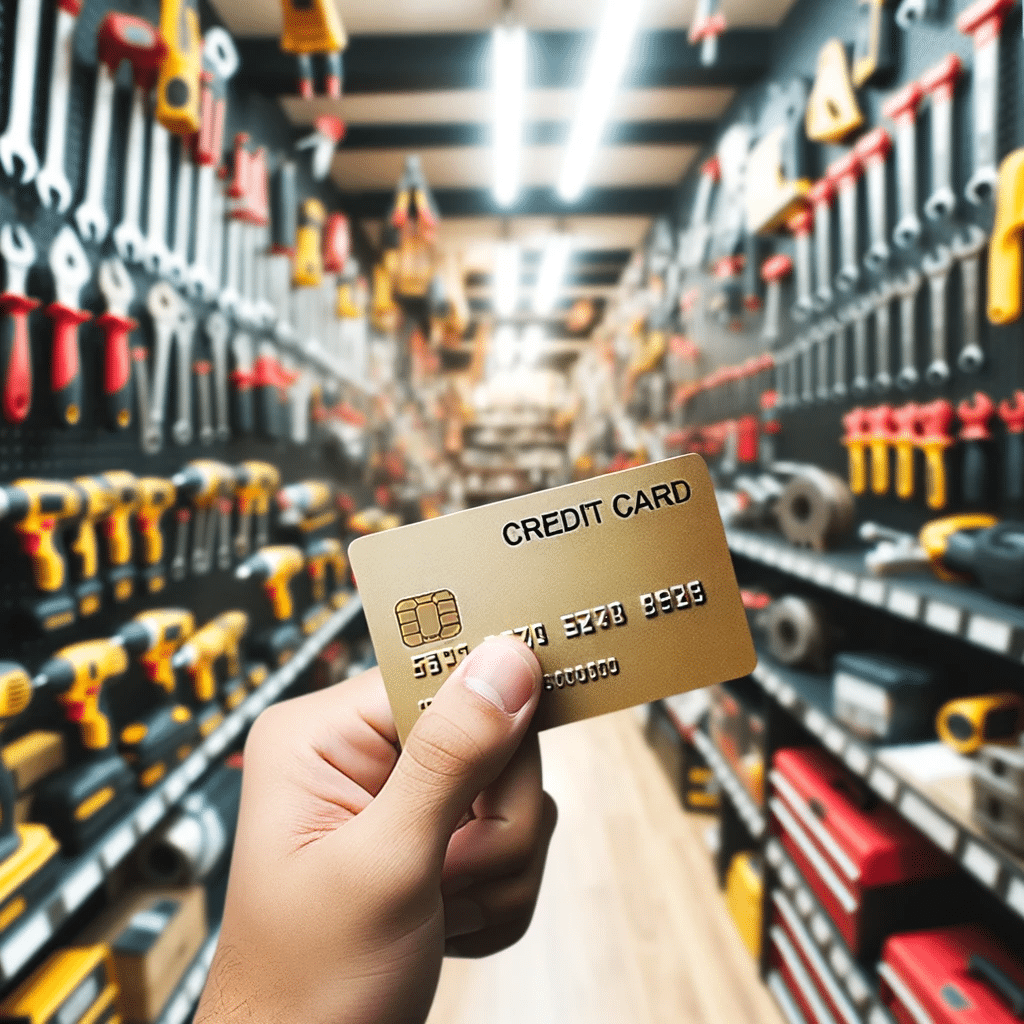 Photo of a hand holding a credit card with a blurred background of a tool shop showcasing various tools on shelves