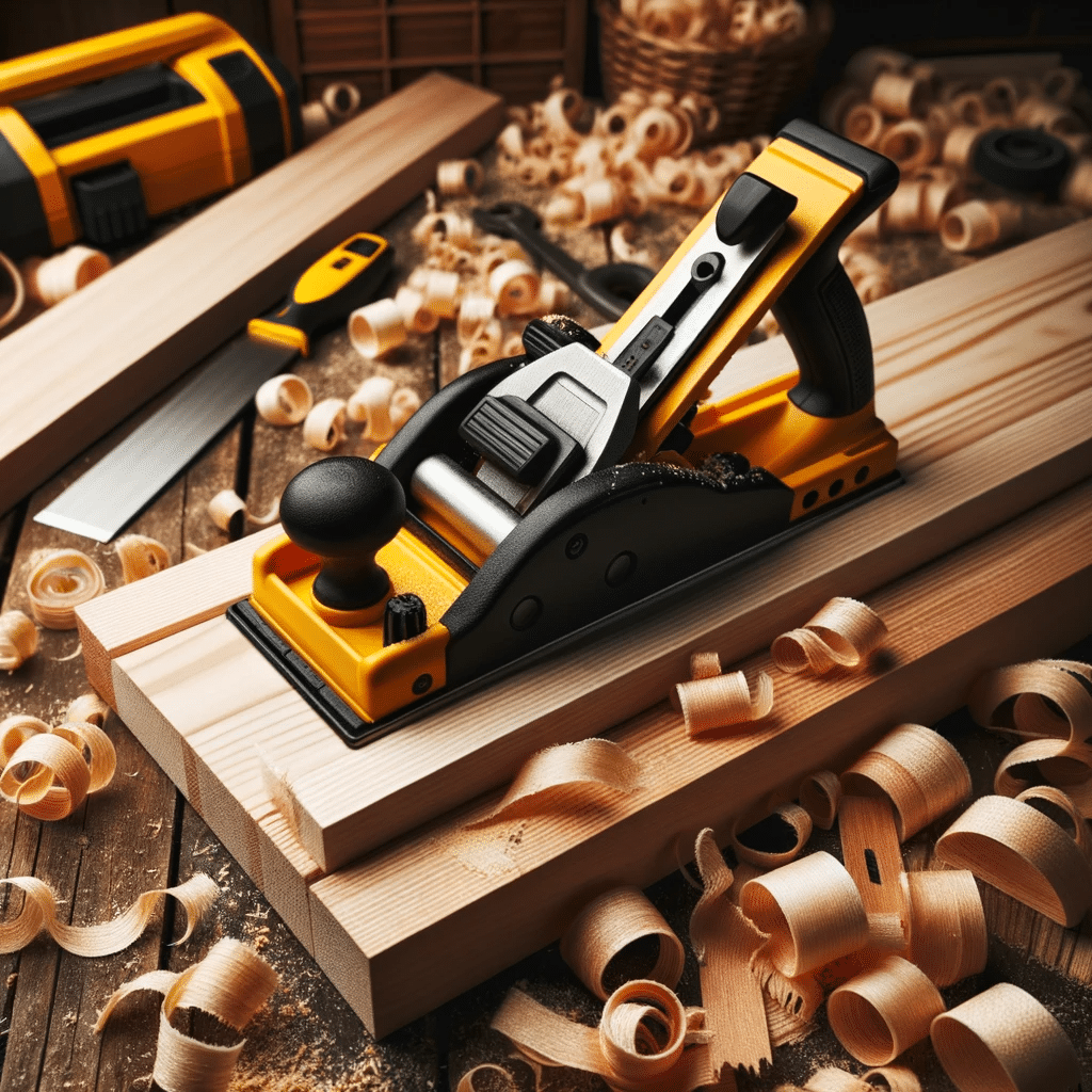 DeWALT D27300: Das Geheimnis hinter der besten Werkzeugwahl des Jahres! 8 Photo of a yellow and black DeWALT wood planer on a wooden workbench surrounded by shavings and a smooth wooden plank