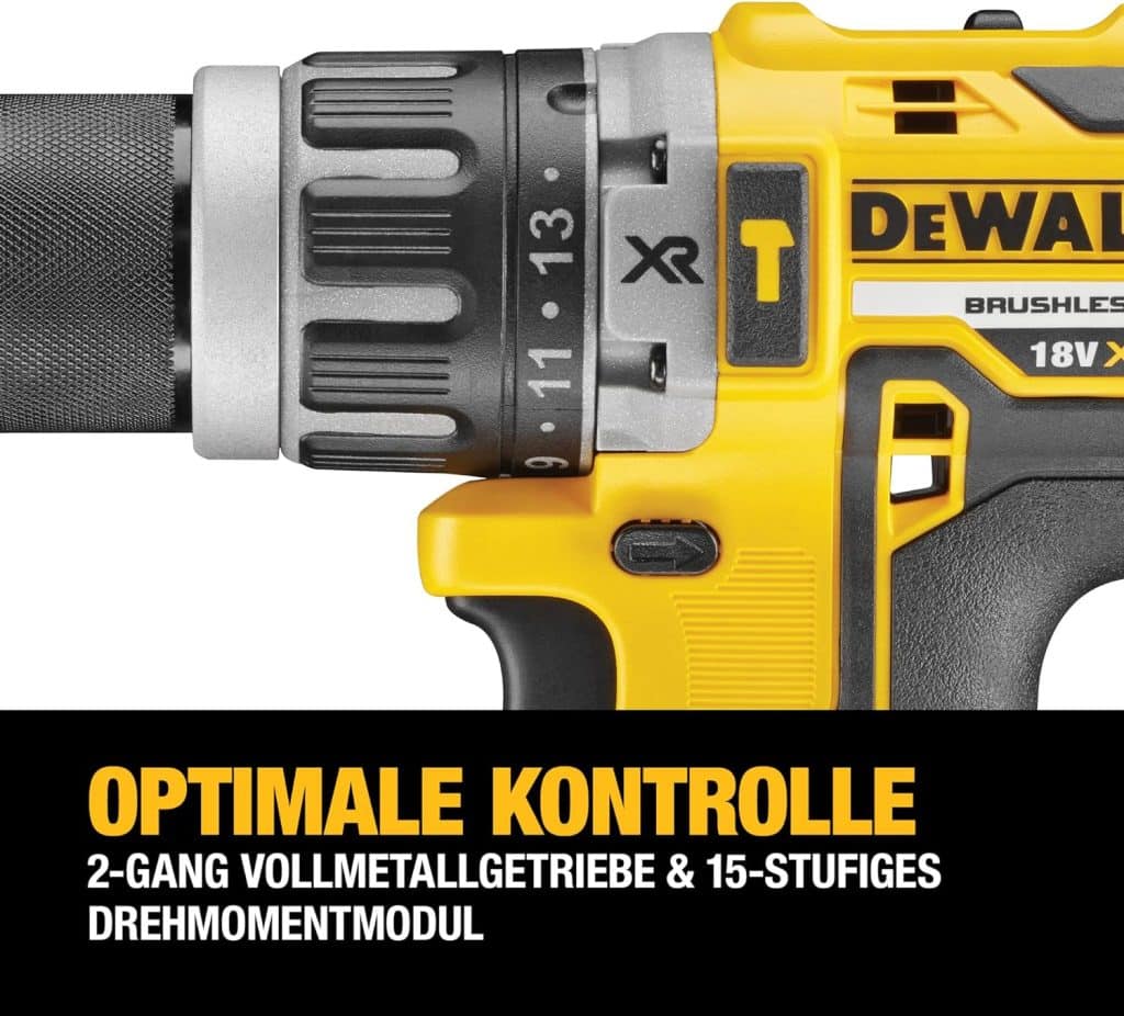 DeWalt cordless hammer drill / driver (18 V, 5 Ah, with LED work light, brushless motor technology, two-speed all-metal gear, incl. 2x batteries, system quick charger and Tstak box), DCD796P2 DeWalt cordless hammer drill / driver (18 V, 5 Ah, with LED work light, brushless motor technology, two-speed all-metal gear, incl. 2x batteries, system quick charger and Tstak box), DCD796P2