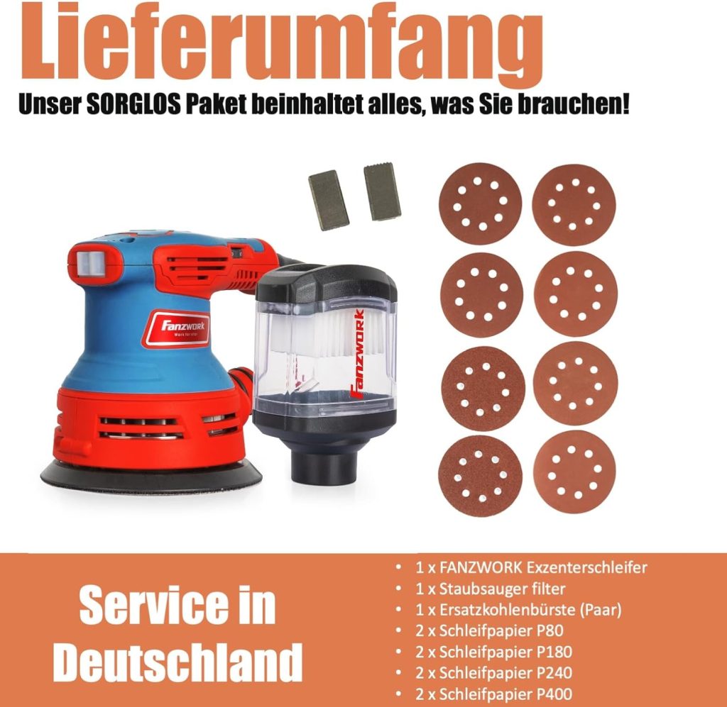 FANZWORK 300 W Random Orbital Sander 125 mm with Dust Catcher (Filter Changeable) Dust-Proof Switch 6 Speeds 4000-12000 rpm with 8 Sandpaper Model HG0004
