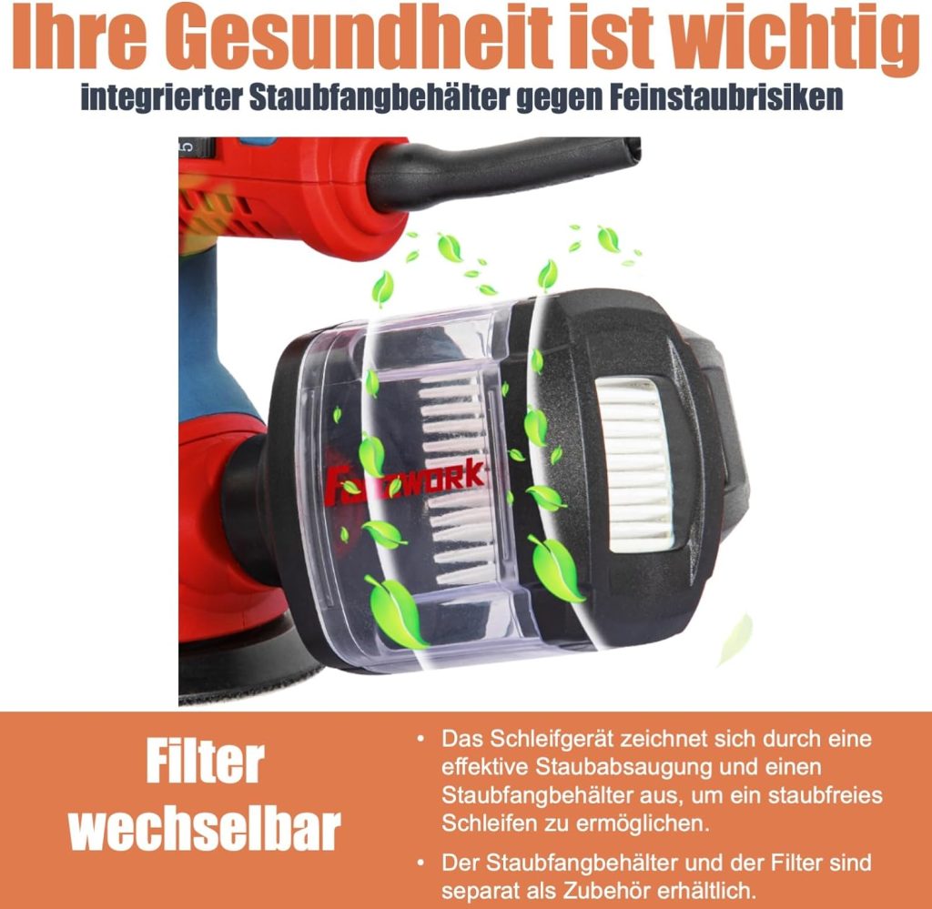 FANZWORK 300 W Random Orbital Sander 125 mm with Dust Catcher (Filter Changeable) Dust-Proof Switch 6 Speeds 4000-12000 rpm with 8 Sandpaper Model HG0004