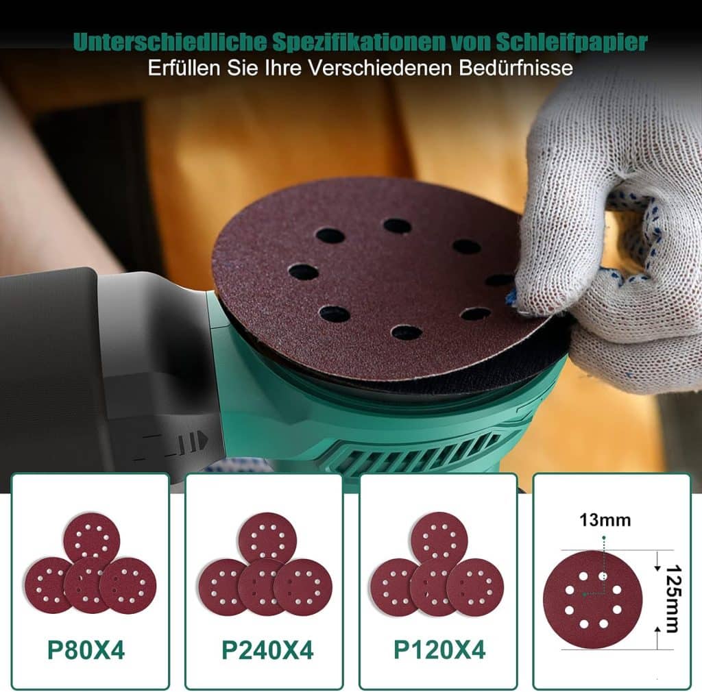 Hychika 300 W Random Orbital Sander, 6 Speeds, Wired with 12 Pieces Sandpaper (Grit 80/120/240, 8 Holes, 125 mm), Sander with Extraction, Dust Catcher Container Hychika 300 W Random Orbital Sander, 6 Speeds, Wired with 12 Pieces Sandpaper (Grit 80/120/240, 8 Holes, 125 mm), Sander with Extraction, Dust Catcher Container