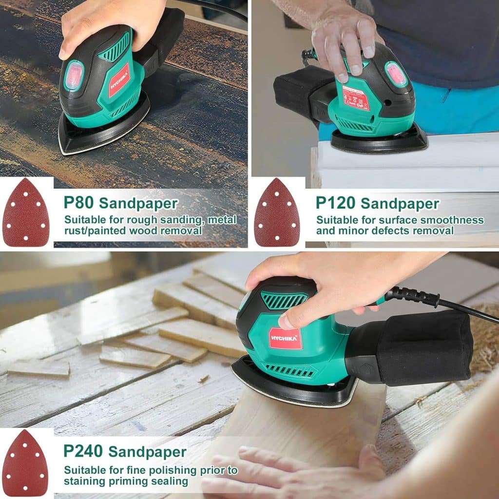 Hychika Delta Sander 200 W with 12 Sanding Sheets (Grit 80/120/240), 14000 rpm, Velcro Fix System, Vacuum Bag, Sanding Machine for Corner Edge, Metal Wood Hychika Delta Sander 200 W with 12 Sanding Sheets (Grit 80/120/240), 14000 rpm, Velcro Fix System, Vacuum Bag, Sanding Machine for Corner Edge, Metal Wood