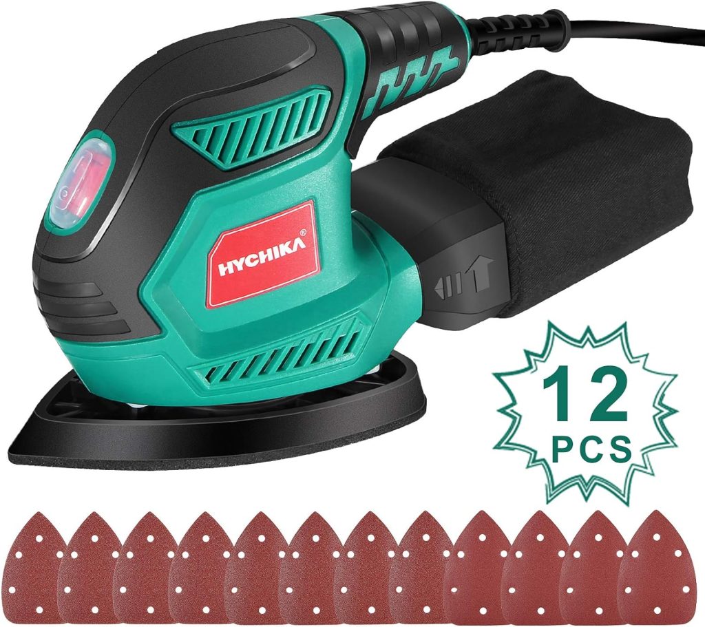 Hychika Delta Sander 200 W with 12 Sanding Sheets (Grit 80/120/240), 14000 rpm, Velcro Fix System, Vacuum Bag, Sanding Machine for Corner Edge, Metal Wood Hychika Delta Sander 200 W with 12 Sanding Sheets (Grit 80/120/240), 14000 rpm, Velcro Fix System, Vacuum Bag, Sanding Machine for Corner Edge, Metal Wood