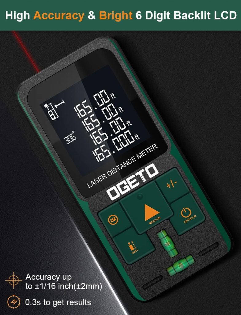 OGETO Laser Rangefinder, Laser Rangefinder with LCD Backlight, 99 Data Sets, M/In/Ft, Electronic Angle, Pythagoras/Distance/Area/Volume Measurements OGETO Laser Rangefinder, Laser Rangefinder with LCD Backlight, 99 Data Sets, M/In/Ft, Electronic Angle, Pythagoras/Distance/Area/Volume Measurements
