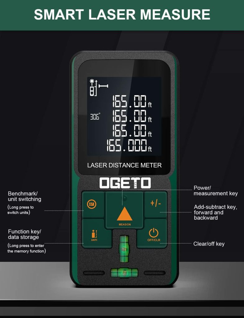 OGETO Laser Rangefinder, Laser Rangefinder with LCD Backlight, 99 Data Sets, M/In/Ft, Electronic Angle, Pythagoras/Distance/Area/Volume Measurements OGETO Laser Rangefinder, Laser Rangefinder with LCD Backlight, 99 Data Sets, M/In/Ft, Electronic Angle, Pythagoras/Distance/Area/Volume Measurements