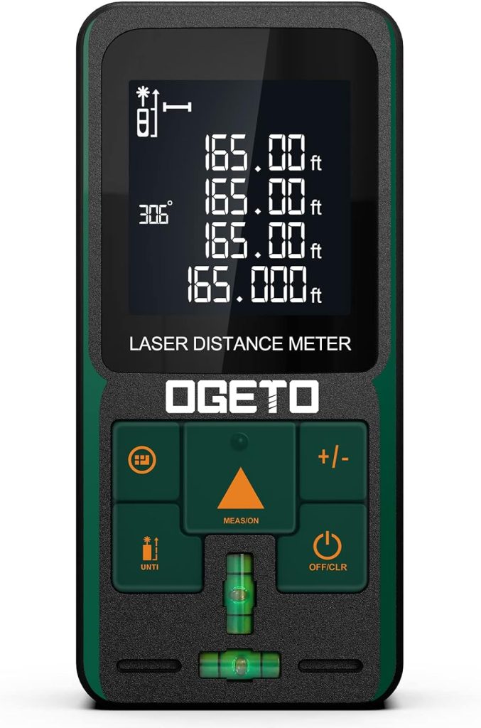 OGETO Laser Rangefinder, Laser Rangefinder with LCD Backlight, 99 Data Sets, M/In/Ft, Electronic Angle, Pythagoras/Distance/Area/Volume Measurements OGETO Laser Rangefinder, Laser Rangefinder with LCD Backlight, 99 Data Sets, M/In/Ft, Electronic Angle, Pythagoras/Distance/Area/Volume Measurements