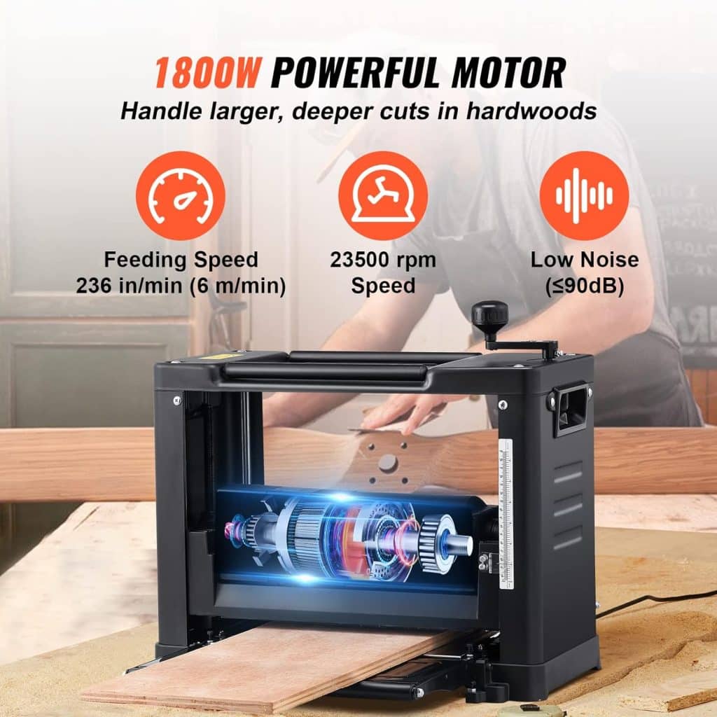 VEVOR Thickness Planer 1800 W Planer 2 Planer Blades Thickness Planer Max. Cutting Depth 0.3 cm Max. Cutting Thickness 15 cm Planer Ideal for Woodworking for Carpenters DIY and Decorators