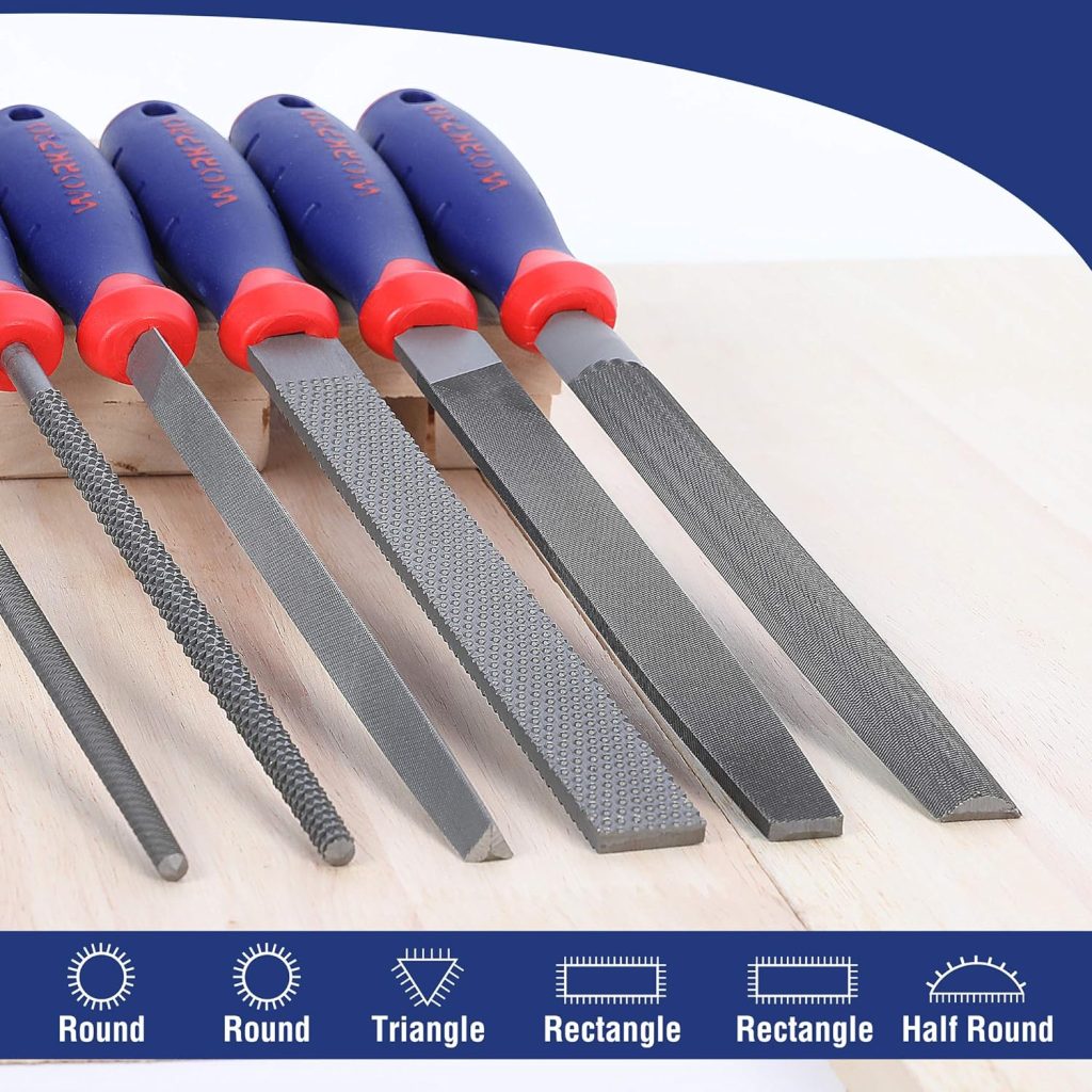 WORKPRO File set, flat file 200 mm, half round file 200 mm, round file 200 mm, triangular file 200 mm, file rasp 200 mm, round file rasp 200 mm, 6 pieces