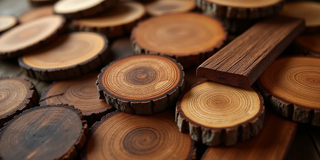 Vielfalt tropischer Holzarten in verschiedenen Farben und Texturen.