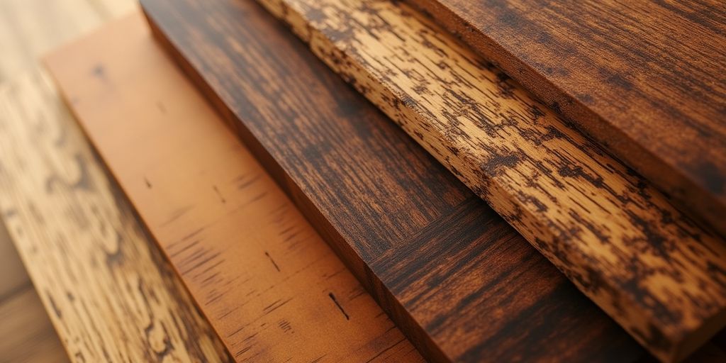 Verschiedene Holzarten für Möbel auf einem Tisch.