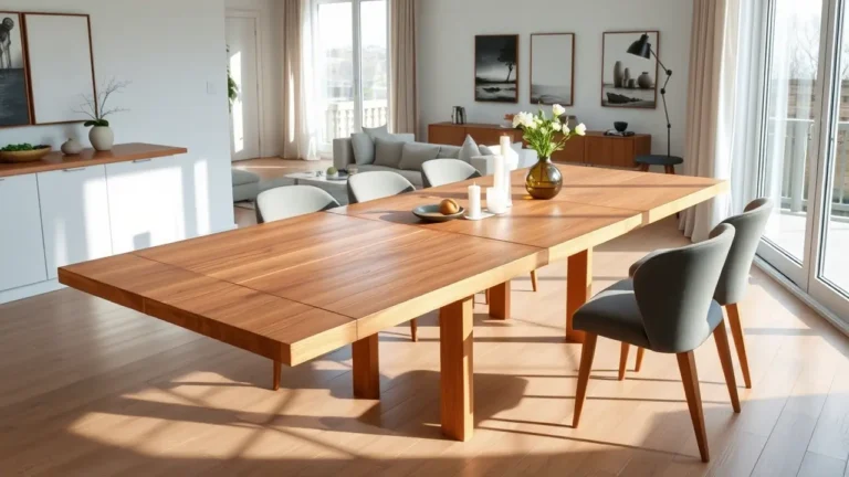 Ausziehbare Esstische aus Holz - Flexibel für jede Gelegenheit 9 Großer ausziehbarer Esstisch aus hellem Massivholz in einem lichtdurchfluteten Wohn-Esszimmer. Der Tisch ist mit grauen, modernen Polsterstühlen umgeben und dekoriert mit einer schlichten Vase mit weißen Blumen. Im Hintergrund sind eine graue Couch, weiße Sideboard-Möbel und schwarz-weiße Wandbilder zu sehen. Natürliches Tageslicht fällt durch bodentiefe Fenster und betont die warme Holzmaserung des Tisches.