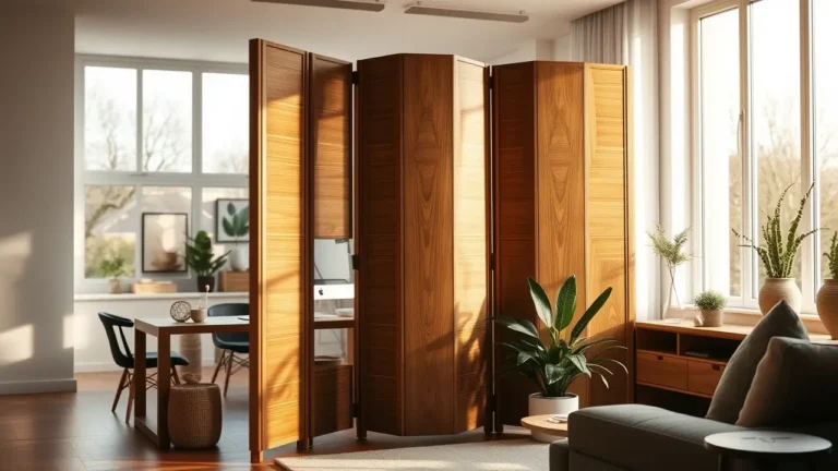 Eleganter Paravent aus massivem Holz trennt stilvoll Arbeits- und Wohnbereich in einem lichtdurchfluteten Raum. Die warmen Holztöne des Raumteilers harmonieren mit grünen Zimmerpflanzen und moderner Einrichtung. Sonnenlicht fällt durch große Fenster und betont die natürliche Maserung des Holzes. Im Hintergrund sind ein Arbeitsplatz mit iMac und im Vordergrund ein gemütlicher Wohnbereich mit grauer Couch zu erkennen.