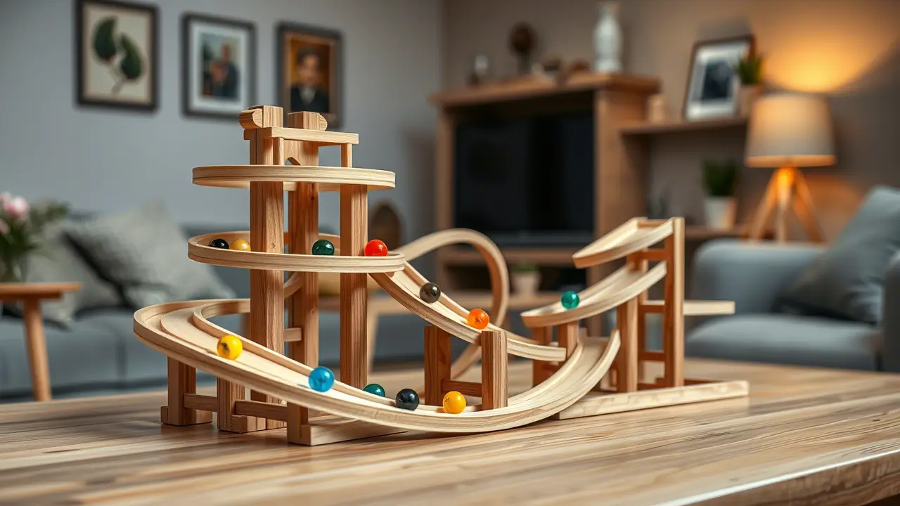 Hochwertige Murmelbahn aus hellem Holz mit bunten Glaskugeln auf einem Holztisch im gemütlichen Wohnzimmer. Die mehrstufige Konstruktion zeigt verschiedene Ebenen und geschwungene Bahnen, auf denen farbige Murmeln in Rot, Blau, Grün und Gelb rollen. Im unscharfen Hintergrund sind gerahmte Bilder an der Wand, eine Stehlampe und eine graue Couch zu sehen, die eine warme, familiäre Atmosphäre schaffen.