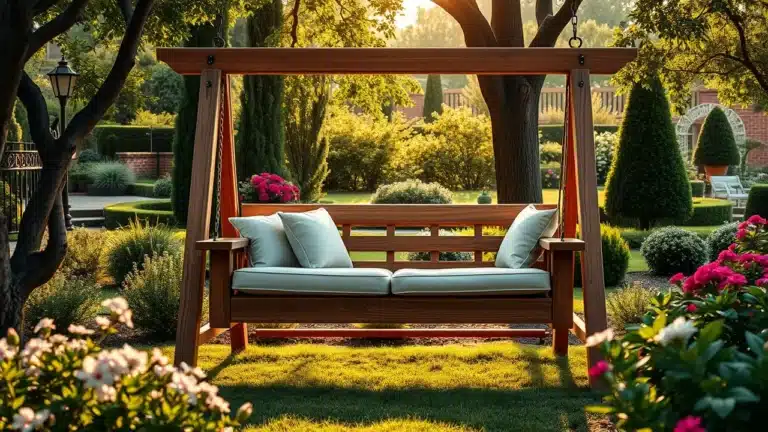 Elegante Hollywoodschaukel aus dunklem Holz mit hellblauen Polstern in einem gepflegten Garten. Die Schaukel wird von warmem Abendlicht durchflutet, umgeben von blühenden Rosen, formgeschnittenen Buchsbäumen und üppigem Grün. Im Hintergrund sind eine klassische Gartenlaterne und ein kunstvoll gestalteter Garten mit Zypressenbäumen zu sehen. Die Szene strahlt Ruhe und Luxus aus.