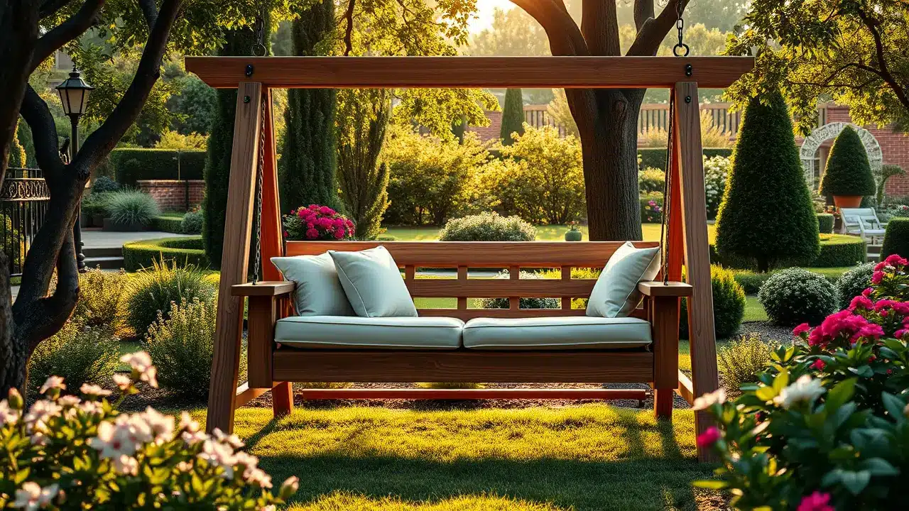 Elegante Hollywoodschaukel aus dunklem Holz mit hellblauen Polstern in einem gepflegten Garten. Die Schaukel wird von warmem Abendlicht durchflutet, umgeben von blühenden Rosen, formgeschnittenen Buchsbäumen und üppigem Grün. Im Hintergrund sind eine klassische Gartenlaterne und ein kunstvoll gestalteter Garten mit Zypressenbäumen zu sehen. Die Szene strahlt Ruhe und Luxus aus.