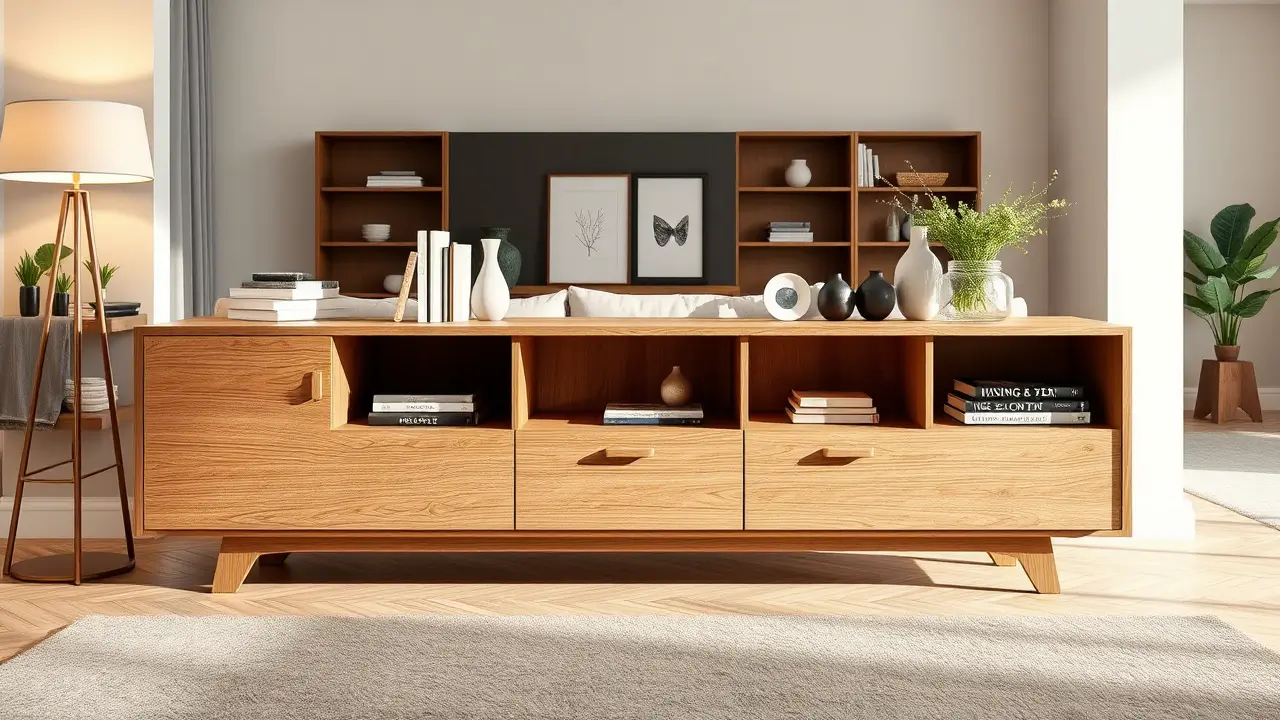 Ein stilvolles Highboard aus hochwertigem Holz mit klaren Linien und natürlicher Maserung, dekoriert mit Büchern, Pflanzen und Vasen. Das Möbelstück steht in einem modernen Wohnzimmer mit minimalistischer Einrichtung, weichem Teppich und einer gemütlichen Sitzecke. Warmes Licht betont die edle Verarbeitung des Holzes und schafft eine einladende Atmosphäre.