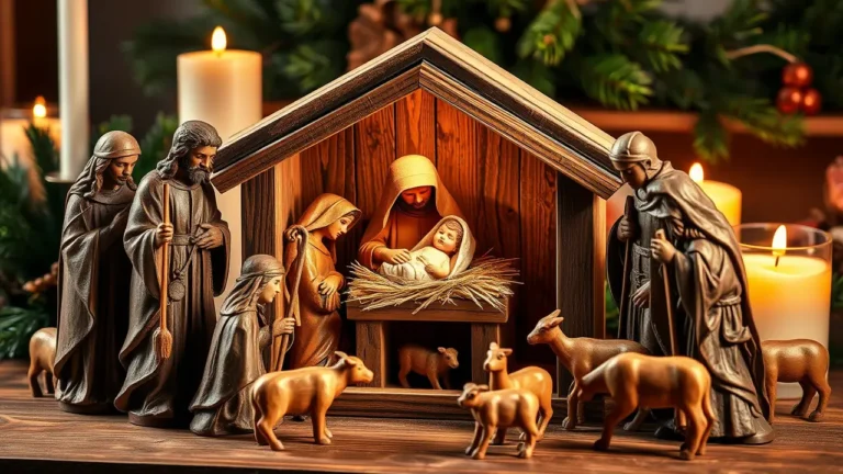 Handgefertigte Krippenfiguren aus Holz - Traditionelle Weihnachtskunst 3 Detailreiche Weihnachtskrippe mit kunstvoll gestalteten Holzfiguren, die die Heilige Familie, Hirten und Schafe zeigen. Die Krippe ist aus dunklem Holz gefertigt und wird von warmen Kerzenlicht umrahmt. Im Hintergrund sind Tannenzweige und rote Christbaumkugeln zu sehen. Die Figuren sind in warmen Bronze- und Brauntönen gehalten, wobei Maria und Josef in der Mitte das Jesuskind in der Krippe betrachten. Die Szene strahlt eine besinnliche und festliche Weihnachtsstimmung aus.