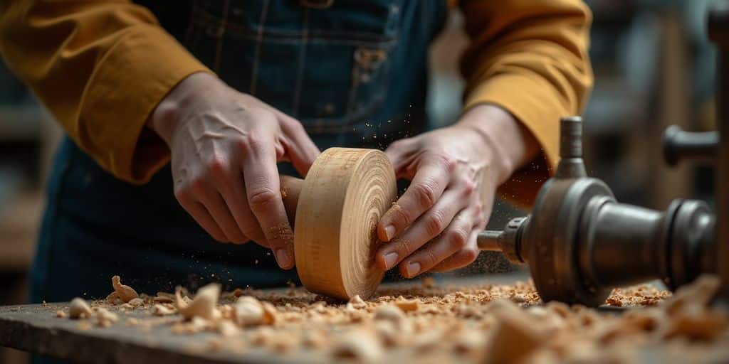 Ein Holzarbeiter drechselt ein Stück Holz.