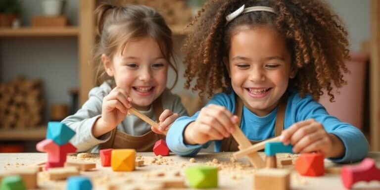 Kinder beim kreativen Basteln mit Holzwerkzeugen.