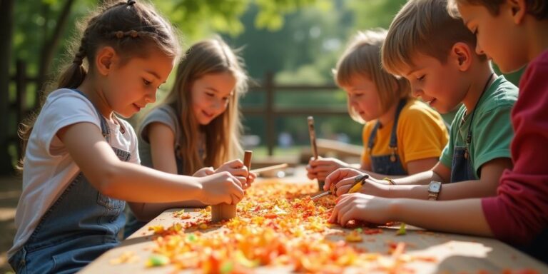 Kinder schnitzen Holz mit Freude und Kreativität.