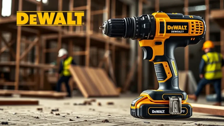 DeWalt 18V DCD796P2 Akkuschrauber in Nahaufnahme auf einer Baustelle, umgeben von unscharfen Bauarbeitern und Holzgerüsten im Hintergrund