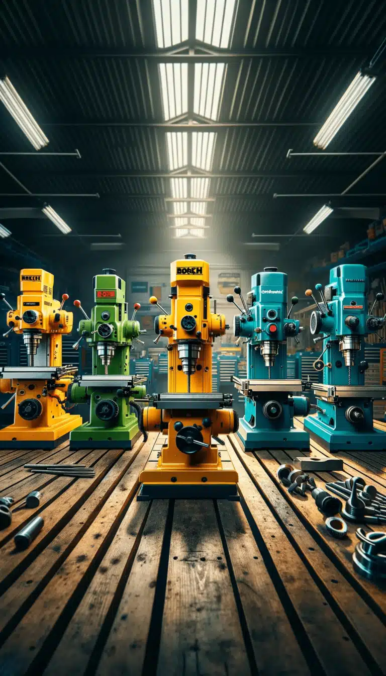 Eine beeindruckende Reihe von fünf Standbohrmaschinen, aufgestellt auf einer rustikalen Holzwerkbank, in einem industriellen Werkstattraum. Die Maschinen präsentieren sich in lebendigen, kontrastierenden Farben - leuchtendes Gelb, sattes Grün und kühles Türkis. Durch ein Oberlicht fällt dramatisches Tageslicht ein, das die präzise gefertigten Metallkörper der Bohrmaschinen in Szene setzt. Im Vordergrund liegen sorgfältig platzierte Werkzeuge und Zubehörteile auf den charakteristischen Holzdielen. Die symmetrische Anordnung der Maschinen und die professionelle Atmosphäre der Werkstatt symbolisieren die technische Expertise und Qualitätsstandards von HolzTools.de.