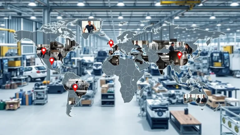 Weltkarte mit markierten Produktionsstandorten, eingebettet in eine moderne Fabrikhalle, die globale Fertigung und technologische Innovation symbolisiert