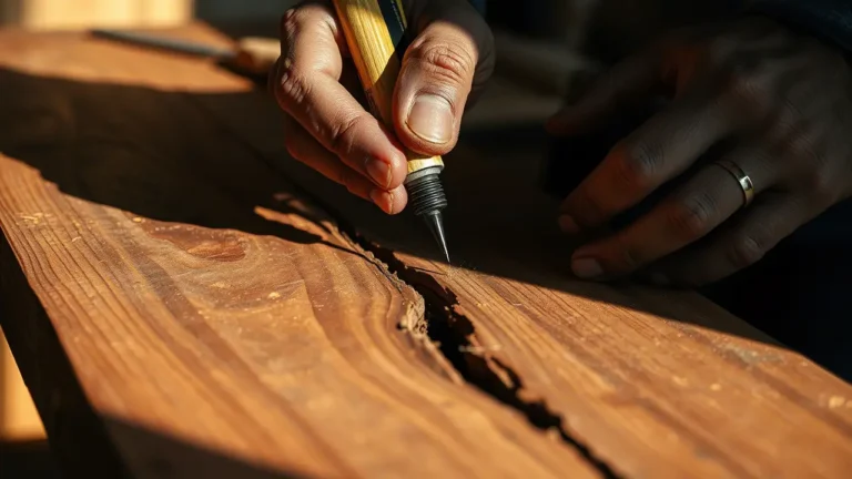 Nahaufnahme einer handwerklichen Holzreparatur, bei der eine Reparaturspitze präzise in einen natürlichen Holzriss eingeführt wird. Die Maserung des Holzes wird von warmem Sonnenlicht beleuchtet, während geschulte Hände mit einem professionellen Werkzeug arbeiten. Ein Ehering am Finger deutet auf professionelle Handwerkskunst hin
