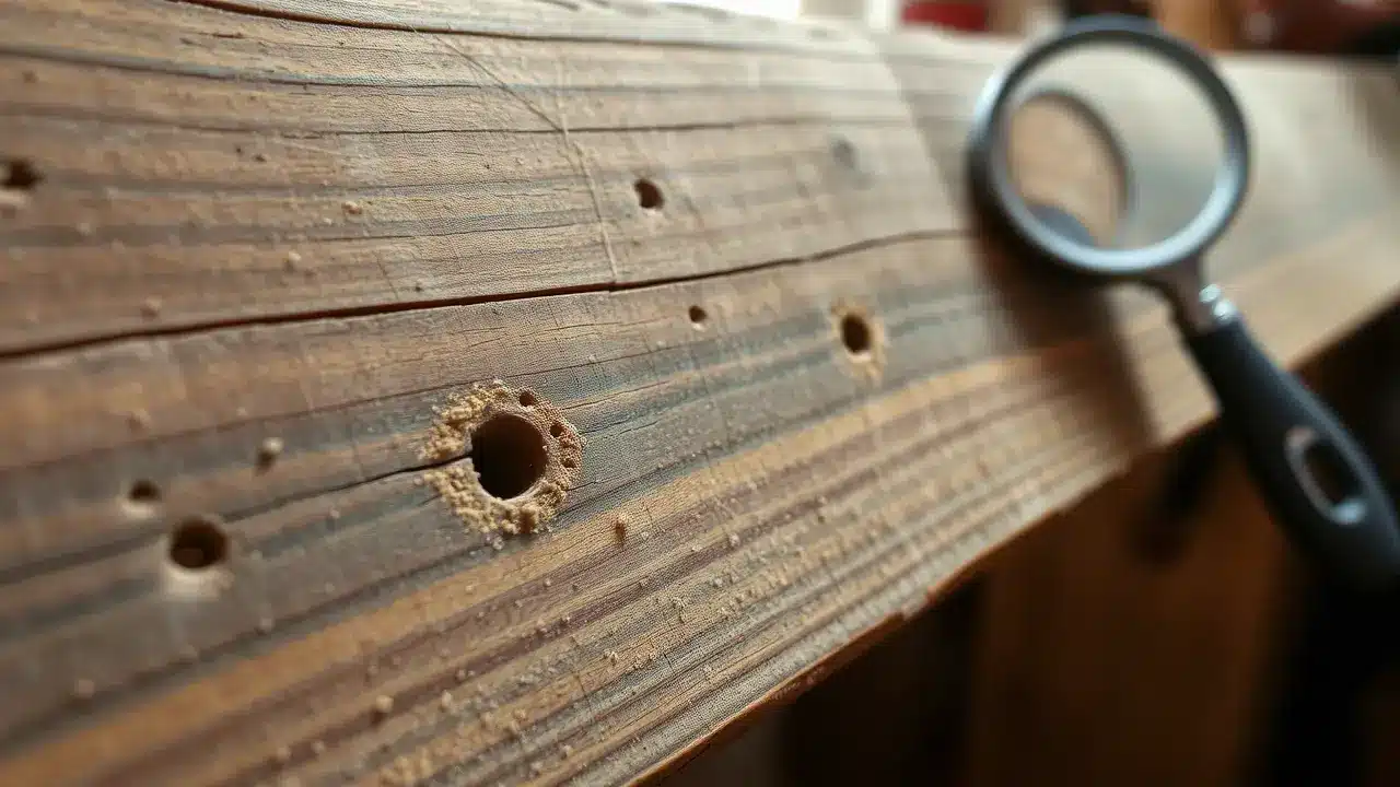 Nahaufnahme eines Holzwurmbefalls mit deutlich sichtbaren Bohrlöchern und Holzmehl in einem alten Holzbalken. Eine Lupe im Hintergrund verdeutlicht die professionelle Untersuchung der Schädlinge. Die charakteristischen, runden Ausfluglöcher und die Holzstruktur sind im warmen Naturlicht detailliert zu erkennen.