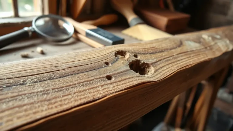 Detaillierte Aufnahme eines von Holzwürmern befallenen Holzbalkens mit deutlich sichtbaren Fraßlöchern und Bohrmehl. Im Hintergrund sind eine Lupe und Untersuchungswerkzeuge zu sehen. Die Makroaufnahme zeigt die charakteristische Holzmaserung und die typischen runden Austrittslöcher des Holzwurms im natürlichen Tageslicht.