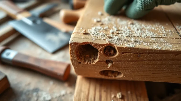 Nahaufnahme eines stark von Holzwürmern befallenen Holzbalkens mit deutlich sichtbaren Fraßgängen und frischem Bohrmehl. Im Vordergrund sind große Austrittslöcher zu sehen, während im Hintergrund Werkzeuge zur Holzwurmbekämpfung und eine behandschuhte Hand erkennbar sind. Die detaillierte Aufnahme zeigt die charakteristischen Spuren eines aktiven Holzwurmbefalls.