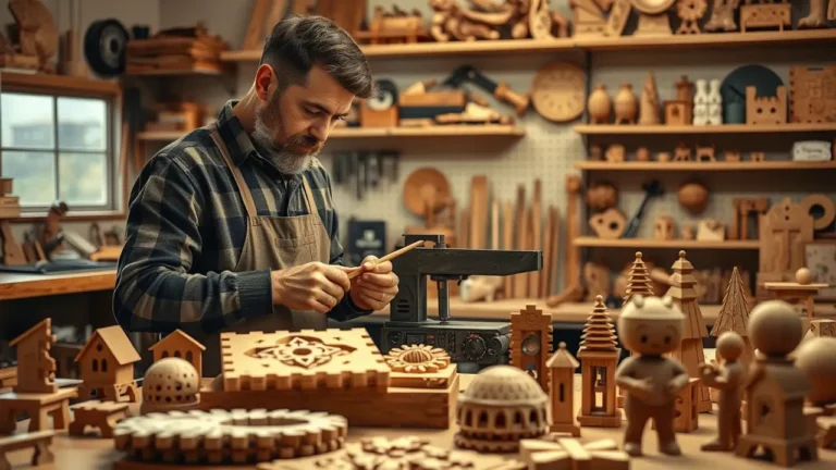 Handwerker in einer gemütlichen Werkstatt, umgeben von kunstvollen Holzprojekten und einer Dekupiersäge, die für filigrane Arbeiten genutzt wird. Perfekt für kreative DIY-Ideen und Holzdekorationen.