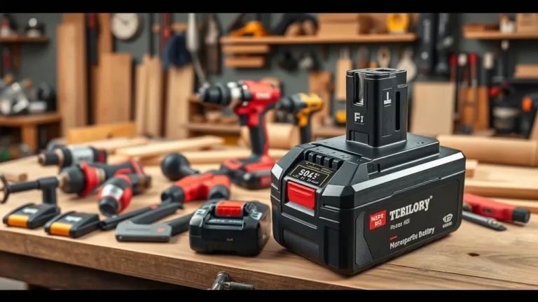 Großer Akku im Fokus auf einer Werkbank, umgeben von verschiedenen Akkuwerkzeugen und Zubehör in einer gut ausgestatteten Werkstatt, ideal für Heimwerker und Profis