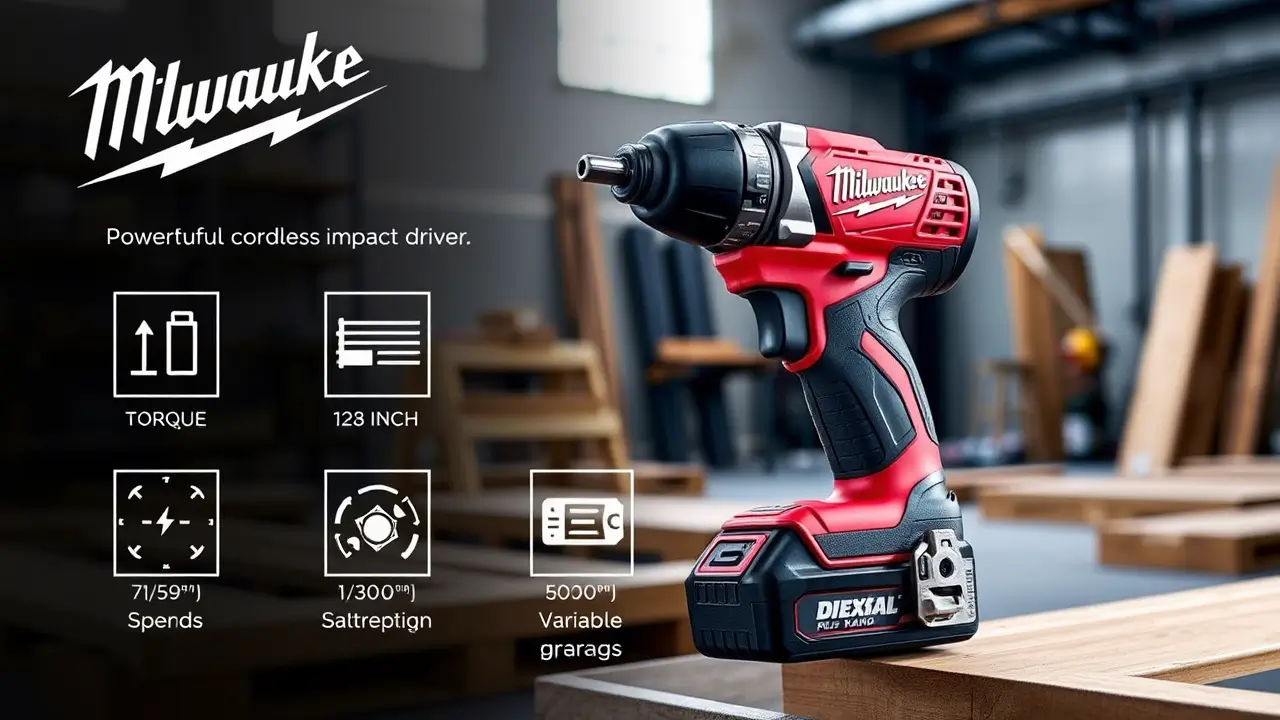 Nahaufnahme eines Milwaukee Akku-Schlagschraubers in einer Werkstattumgebung, umgeben von Symbolen für Drehmoment, variable Geschwindigkeiten und andere technische Spezifikationen. Perfekt für professionelle und Heimwerkerprojekte