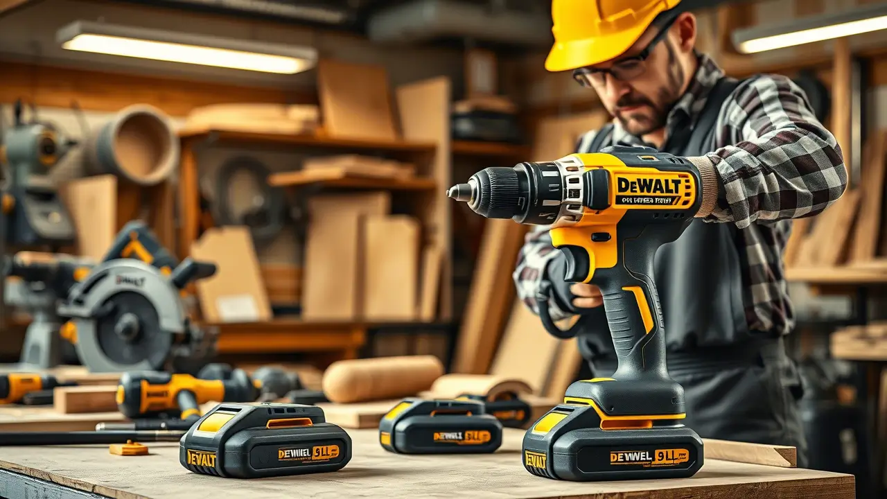 Professioneller Handwerker in einer gut ausgestatteten Werkstatt arbeitet mit einem leistungsstarken Akkuschrauber, umgeben von Werkzeugen und Holzmaterialien