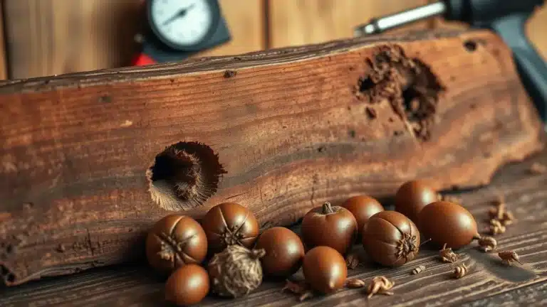 Makroaufnahme eines von Holzwürmern befallenen Holzbalkens mit deutlich sichtbaren Fraßlöchern, daneben frische Eicheln als natürliche Köder. Im Hintergrund ist ein Druckmesser zu erkennen. Die warme Beleuchtung betont die Holzmaserung und die Struktur der Bohrlöcher, während die braunen Eicheln die natürliche Behandlungsmethode demonstrieren.