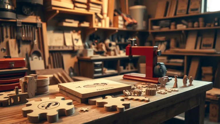Eine rote Dekupiersäge auf einer Werkbank in einer gut ausgestatteten Werkstatt, umgeben von Holzpuzzles, Figuren und Bastelmaterialien. Perfekt für filigrane Arbeiten und kreative DIY-Ideen.