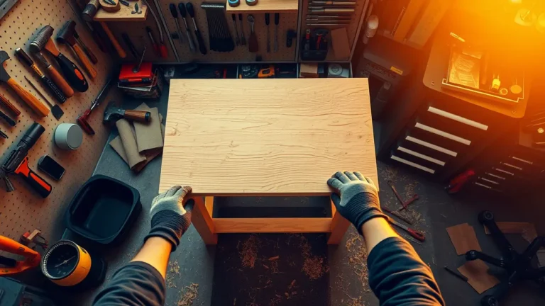 Blick auf eine perfekt organisierte Holzwerkstatt mit ergonomischer Werkbank, Lochwand für Werkzeuge und professionellem Holzreparatur-Set. Im Vordergrund sind Arbeitshandschuhe, Farbmusterkarten für Holztöne, Reparaturmaterialien und präzise sortierte Werkzeuge auf einer warmen Holzoberfläche zu sehen. Die stimmungsvolle Beleuchtung betont die handwerkliche Atmosphäre und professionelle Werkstatteinrichtung.