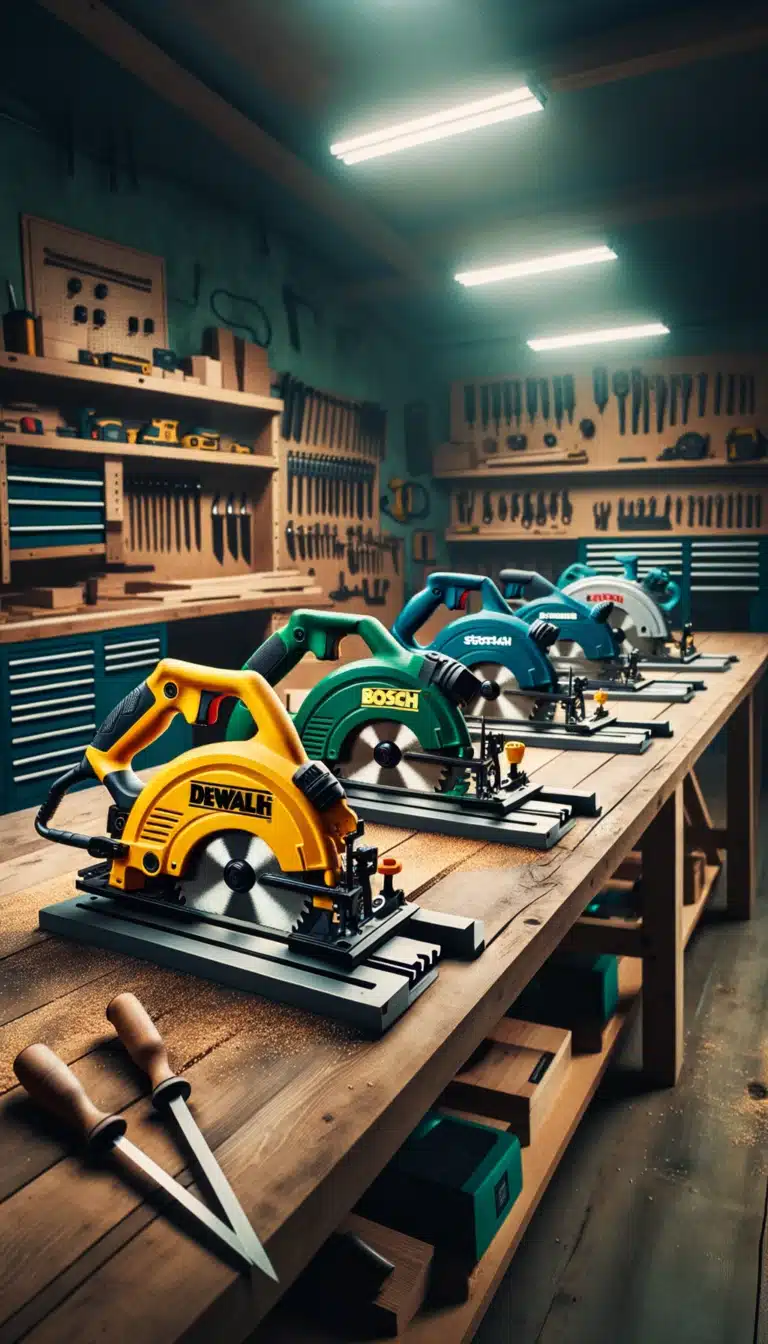 Eine professionell arrangierte Werkstatt-Szene mit einer beeindruckenden Reihe von Handkreissägen auf einer massiven Holzwerkbank. Im Vordergrund sticht eine leuchtend gelbe DeWalt Kreissäge hervor, gefolgt von Modellen in Grün- und Blautönen von Bosch und anderen Premium-Herstellern. Die Werkzeugwand im Hintergrund ist systematisch mit verschiedenen Handwerkzeugen bestückt, während Leuchtstoffröhren an der Decke die Szene in ein charakteristisches, industrielles Licht tauchen. Zwei Holzmeißel im Vordergrund der Werkbank ergänzen die Komposition. Die perfekte Organisation und hochwertige Ausstattung der Werkstatt spiegeln die Professionalität und Qualitätsansprüche von HolzTools.de wieder.