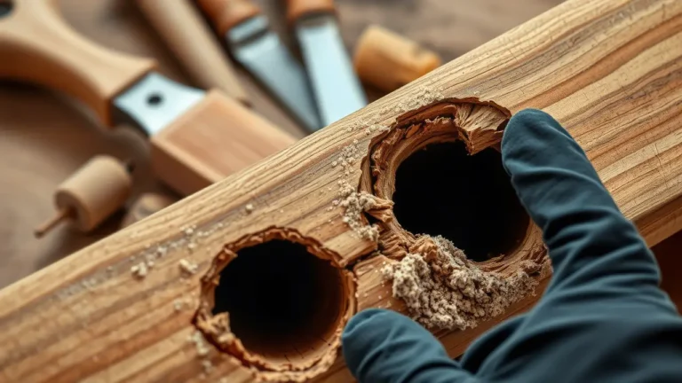 Detailaufnahme eines massiven Holzwurmschadens in einem Holzbalken mit zwei großen Fraßlöchern und deutlich sichtbarem Bohrmehl. Eine Hand mit blauem Schutzhandschuh untersucht die Schäden, während im Hintergrund Holzbearbeitungswerkzeuge zu sehen sind. Die hochwertige Nahaufnahme zeigt die charakteristischen Spuren eines fortgeschrittenen Holzwurmbefalls.