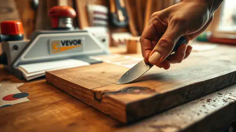 Nahaufnahme einer professionellen Holzbearbeitung mit VEVOR Dickenhobel im Hintergrund. Eine Hand mit gepflegten Nägeln führt präzise ein Werkzeug über eine massive Holzplatte, während warmes Werkstattlicht die natürliche Holzmaserung betont. Die Szene zeigt handwerkliche Präzisionsarbeit in authentischer Werkstattatmosphäre.