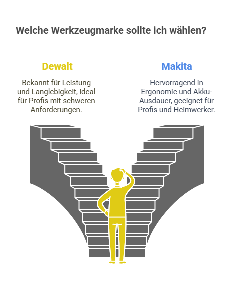 Illustration eines Handwerkers vor einer Weggabelung mit zwei Treppen, die jeweils Dewalt für Leistung und Langlebigkeit sowie Makita für Ergonomie und Akku-Ausdauer repräsentieren