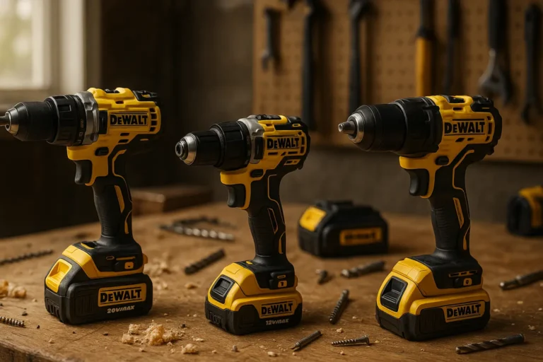 Vier DEWALT Akkuschrauber (20V MAX & 12V MAX) auf Holzwerkbank mit Bits und Schrauben – Vergleich von Profi- bis Kompaktmodellen