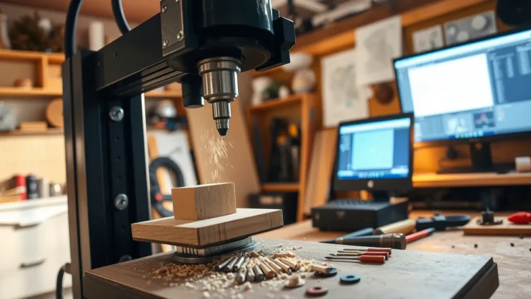 Nahaufnahme einer CNC-Fräsmaschine, die einen Holzblock bearbeitet, umgeben von Werkzeugen und Computermonitoren in einer professionellen Werkstatt.