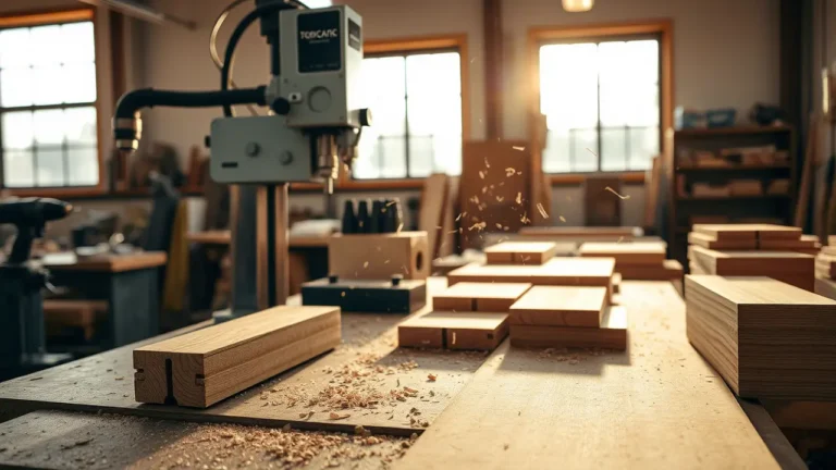 CNC-Fräsmaschine bei der Holzbearbeitung: Präzises Fräsen und Bohren von Holz in einer professionellen Werkstattumgebung mit Späneflug.