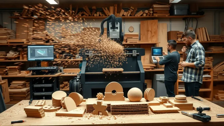 Dynamische CNC-Fräse bei der Holzbearbeitung mit Späneflug in professioneller Werkstatt, umgeben von fertigen Holzteilen und computergesteuerter Technologie.
