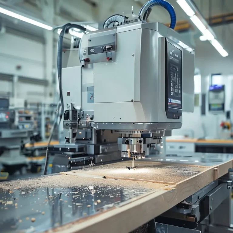 CNC-Fräsmaschine in Aktion: Präzises Bohren und Fräsen von Holz in einer professionellen Werkstattumgebung.