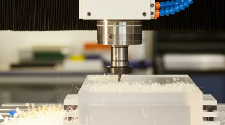 Nahaufnahme einer CNC-Fräsmaschine, die präzise eine Acrylplatte bearbeitet, während Kunststoffspäne entstehen.